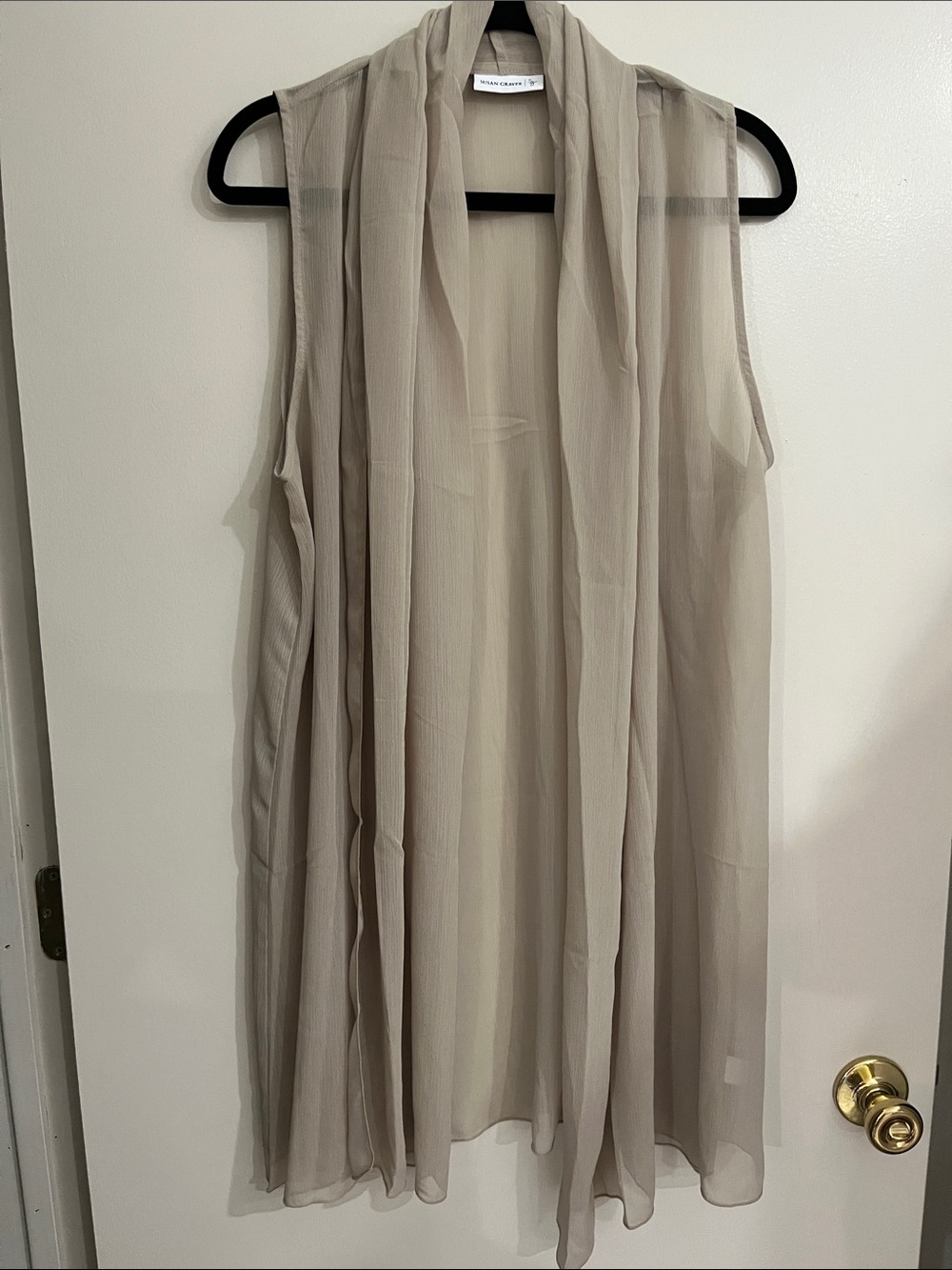 Susan Graver Sheer Sleeveless Open Drape Vest in Taupe